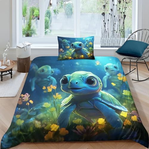 OPSREY Meer Animal Bettwäsche Sets Kissenbezug Bettdeckenbezug Schlafhilfe Wärme Bettbezug Waschbar Schildkröte Steppdeckenbezug Für Jungen Und Mädchen Single（135x200cm） von OPSREY