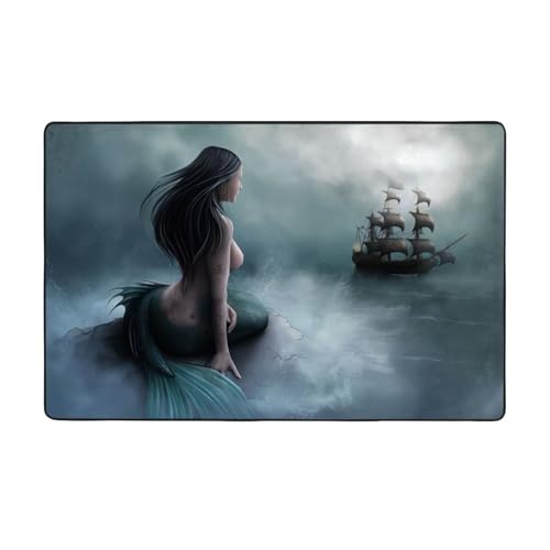 OPSREY Meerjungfrau-Mädchen und Segeln auf See, Piratenschiff, bedruckter Teppich, weicher Teppich, rutschfeste Bodenmatte, flauschiger dekorativer Teppich für den Innenbereich von OPSREY