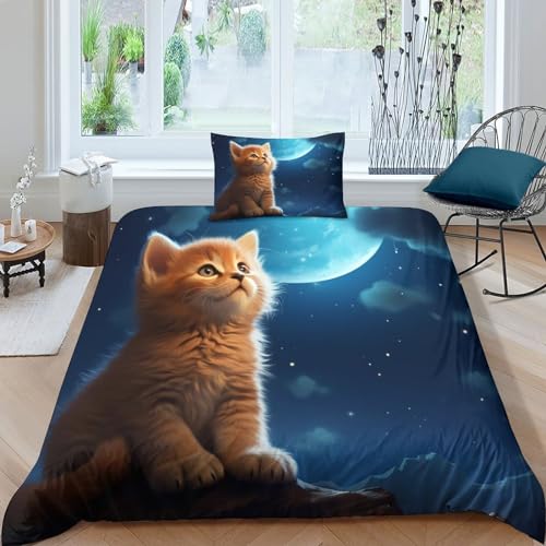 OPSREY Moon and Kitten Bedding Set Kissenbezug Cute Cat Bettdeckenbezug Verstecktes Scharnier Bettbezug Atmungsaktiv Duvet Cover Set Baumwolle Steppdeckenbezug Single（135x200cm） von OPSREY