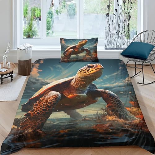 OPSREY Ocean World Steppdeckenbezug Wärme Zum Schlafen Bed Linen Sets Atmungsaktiv Schildkröten Bettbezug Reißverschluss Duvet Cover Set Verschiedene Größen Bettwäsche Set Single（135x200cm） von OPSREY