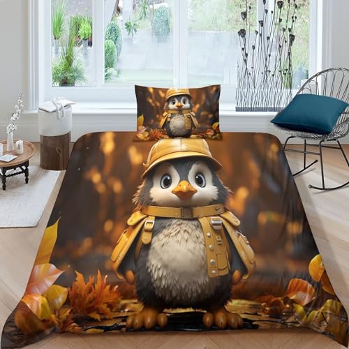 OPSREY Pinguine Doll Bettbezug Zip-Verschluss Steppdeckenbezug Verstecktes Scharnier Bedding Sets Waschbar Baby Pinguine Bettdeckenbezug Luxuriös Bettwäsche Set Single（135x200cm） von OPSREY