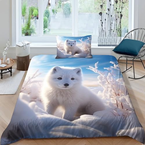 OPSREY Polarfuchs Bettwäsche Set 3D Gedruckter 2 Teilig Süße Bettbezug Set Weiche Microfaser Mit Reißverschluss Kissenbezug Geeignet Für Männer Und Frauen Single（135x200cm） von OPSREY