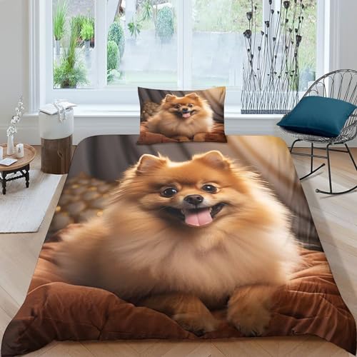 OPSREY Pomeranian Bettwäsche Set Mikrofaser Cute Animals Bedding Set Reißverschluss Bed Linen Sets Farbig Bettbezug Waschbar Steppdeckenbezug Für Jungen Und Mädchen Single（135x200cm） von OPSREY