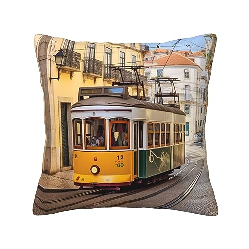 OPSREY Quadratischer Kissenbezug mit Lissabon-Straßenbahn-Motiv, 45,7 x 45,7 cm, moderner dekorativer Kissenbezug mit verstecktem Reißverschluss, für Wohnzimmer, Schlafzimmer, Sofa von OPSREY