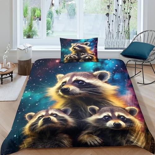 OPSREY Raccoon Bequem Bettwäsche-Set Personalisierter Wildtiere Steppdeckenbezug Set Mit Reißverschluss Bettbezug Set Microfaser Bettdeckenbezug Für Erwachsene Und Kinder Single（135x200cm） von OPSREY