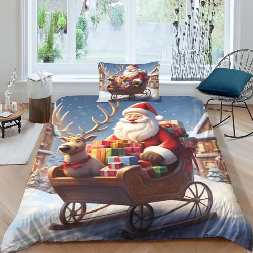 OPSREY Santa Claus Bedding Set Kissenbezug Christmas Bettdeckenbezug Verstecktes Scharnier Bettbezug Atmungsaktiv Duvet Cover Set Baumwolle Steppdeckenbezug Single（135x200cm） von OPSREY