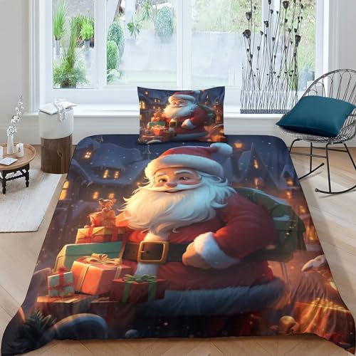 OPSREY Santa Claus Bedding Sets Wärme Steppdeckenbezug Wärme Zum Schlafen Christmas Bettdeckenbezug Verstecktes Scharnier Bettwäsche Set Reißverschluss Bettbezug Single（135x200cm） von OPSREY