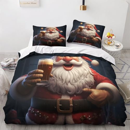 OPSREY Santa Claus Steppdeckenbezug Atmungsaktiv Bed Linen Sets Kissenbezug Christmas Bettbezug Satin Bettdeckenbezug Verstecktes Scharnier Bettwäsche Set Zip-Verschluss Double（200x200cm） von OPSREY