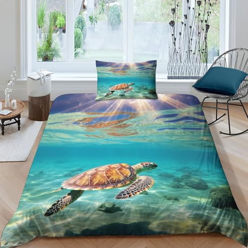 OPSREY Schildkröten Bettwäsche Gebürstet Microfaser Sunshine Bettbezug + Kopfkissenbezug Mit Reißverschluss Bettdeckenbezug Erwachsene Duvet Cover Set Kinder Single（135x200cm） von OPSREY