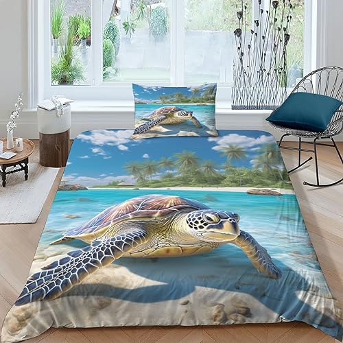 OPSREY Schildkröten Waschbar Bed Linen Sets Zip-Verschluss Sea World Bettdeckenbezug Satin Bettbezug Mit Kopfkissenbezügen Bettwäsche Set Verschiedene Größen Single（135x200cm） von OPSREY