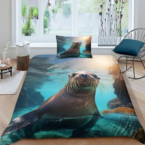 OPSREY Sea Animals Bed Linen Sets Mikrofaser Steppdeckenbezug Reißverschluss Robbe Bettdeckenbezug Weichs Bettwäsche Set Verstecktes Scharnier Bettbezug Single（135x200cm） von OPSREY