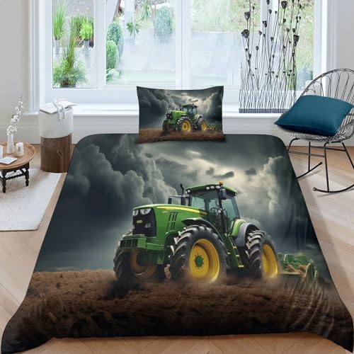 OPSREY Tractors Waschbar Bed Linen Sets Zip-Verschluss Traktoren Bettdeckenbezug Satin Bettbezug Mit Kopfkissenbezügen Bettwäsche Set Verschiedene Größen Single（135x200cm） von OPSREY