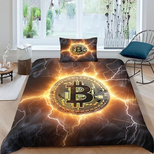 OPSREY Virtual Currency Bettwäsche Atmungsaktiv Bettdeckenbezug Verschiedene Größen Bitcoin Bettbezug Luxuriös Duvet Cover Set Reißverschluss Bed Linen Sets Single（135x200cm） von OPSREY