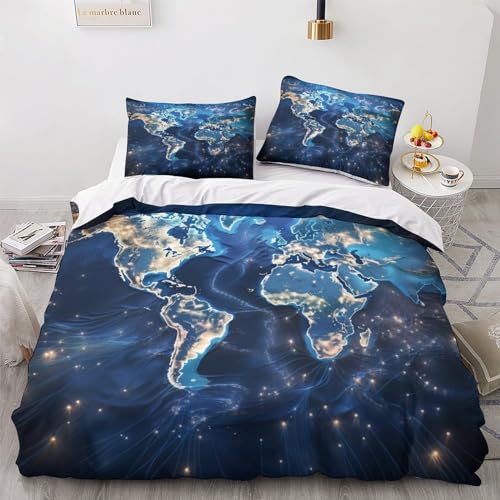 OPSREY World Map Bettwäsche Set Komfortabel Kunststil Quilt Cover Set Weichs Bettdeckenbezug Reißverschluss Bed Linen Sets Farbig Bettbezug Für Jungen Und Mädchen King（220x240cm） von OPSREY