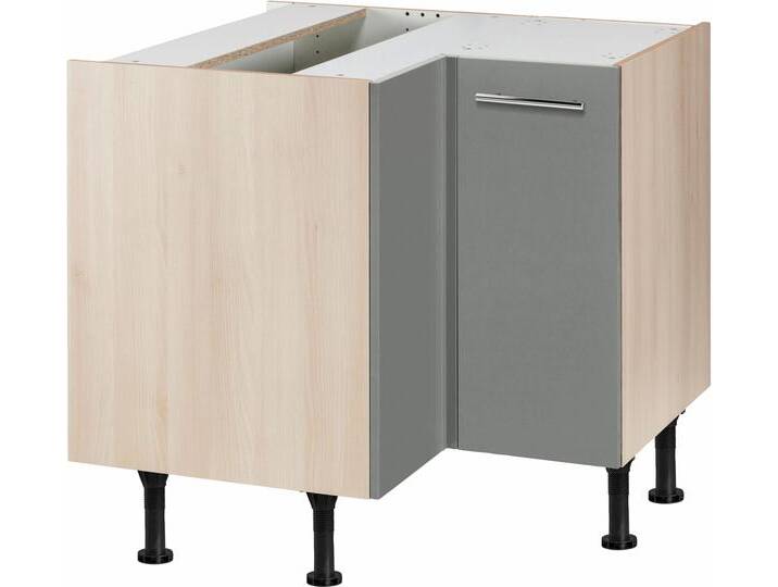 Eckunterschrank OPTIFIT Bern , grau (basaltgrau, akaziefarben), B:90cm H:87cm T:58,4cm, Schränke, Breite 90x90 cm, mit Tür, höhenverstellbare Füße, mit Metallgriff von OPTIFIT
