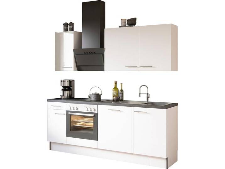 Küche OPTIFIT Klara , schwarz-weiß (front: weiß lackiert, korpus: weiß, arbeitsplatte: schwarz stone), B:210cm T:60cm, Komplettküchen-Sets, 210 cm breit von OPTIFIT