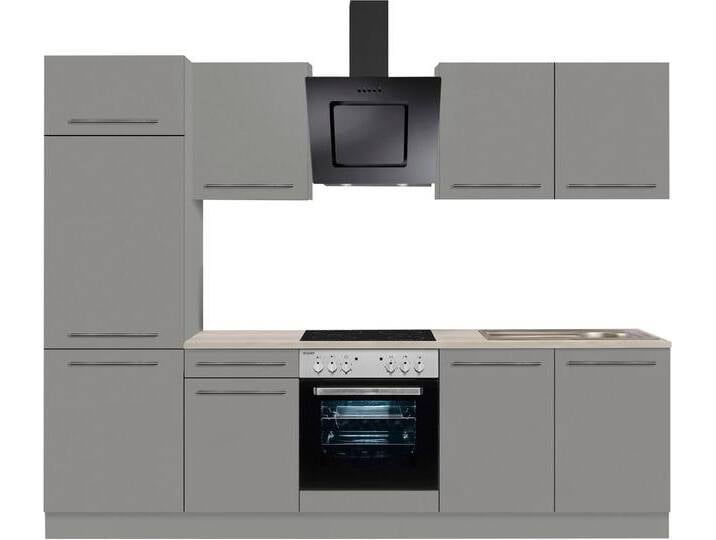 Küchenzeile OPTIFIT Bern , grau (front: basaltgrau, korpus: basaltgrau, arbeitsplatte: akaziefarben), B:270cm T:60cm, Komplettküchen-Sets, Breite 270 cm, gedämpfte Türen, wahlweise mit E-Geräten von OPTIFIT