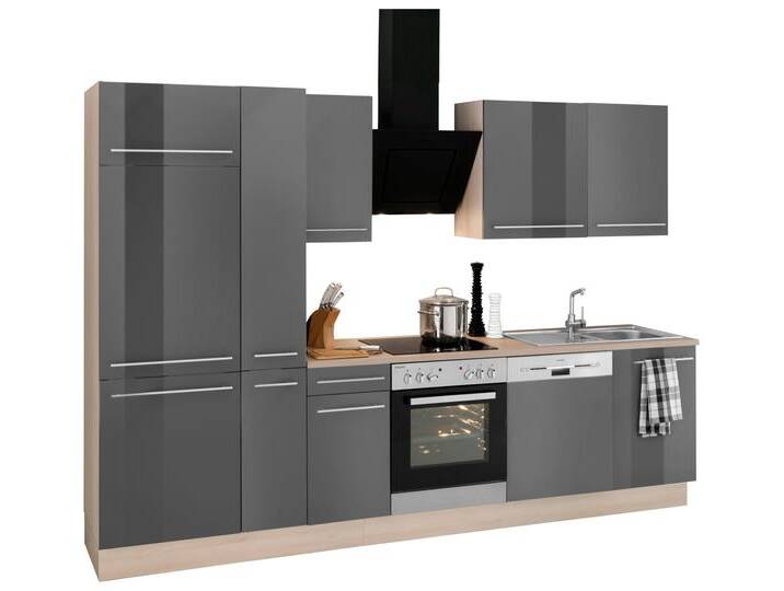 Küchenzeile OPTIFIT Bern , grau (küche: grau, front: grau hochglanz, korpus: akaziefarben, arbeitsplatte: akaziefarben), B:300cm T:60cm, Komplettküchen-Sets, Breite 300 cm, wahlweise mit E-Geräten, höhenverstellbare Füße von OPTIFIT