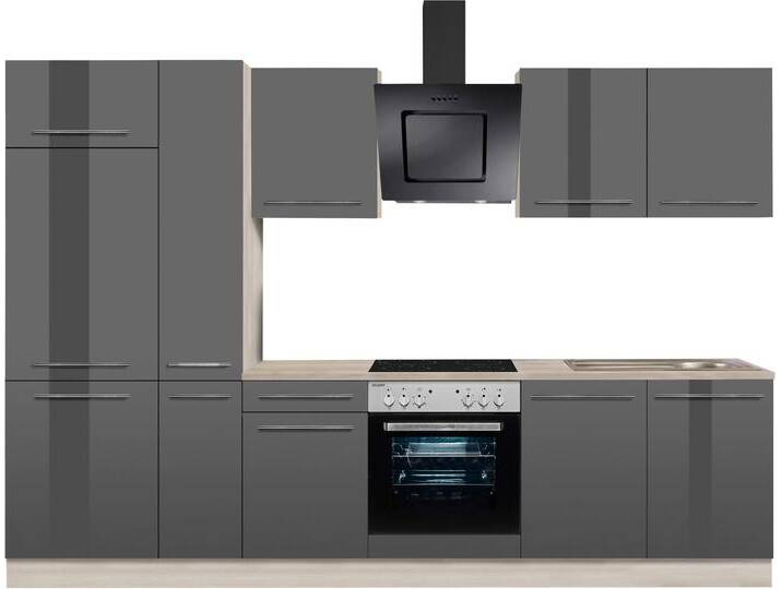 Küchenzeile OPTIFIT Bern , grau (küche: grau, front: grau hochglanz, korpus: akaziefarben, arbeitsplatte: akaziefarben), B:300cm T:60cm, Komplettküchen-Sets, Breite 300 cm, wahlweise mit E-Geräten, höhenverstellbare Füße von OPTIFIT