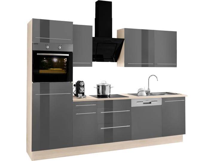 Küchenzeile OPTIFIT Bern , grau (küche: grau, front: grau hochglanz, korpus: akaziefarben, arbeitsplatte: akaziefarben), B:270cm T:60cm, Komplettküchen-Sets, Breite 270 cm, wahlweise mit E-Geräten von OPTIFIT