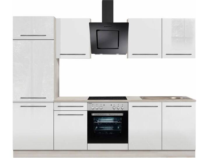 Küchenzeile OPTIFIT Bern , weiß (küche: weiß, front: weiß hochglanz, korpus: akaziefarben, arbeitsplatte: akaziefarben), B:270cm T:60cm, Komplettküchen-Sets, Breite 270 cm, gedämpfte Türen, wahlweise mit E-Geräten von OPTIFIT