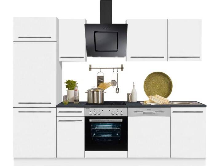 Küchenzeile OPTIFIT Bern , weiß (küche: weiß, front: weiß hochglanz, korpus: weiß, arbeitsplatte: anthrazit), B:270cm T:60cm, Komplettküchen-Sets, Breite 270 cm, gedämpfte Türen, wahlweise mit E-Geräten von OPTIFIT