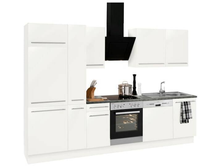 Küchenzeile OPTIFIT Bern , weiß (küche: weiß, front: weiß hochglanz, korpus: weiß, arbeitsplatte: anthrazit), B:300cm T:60cm, Komplettküchen-Sets, Breite 300 cm, wahlweise mit E-Geräten, höhenverstellbare Füße von OPTIFIT