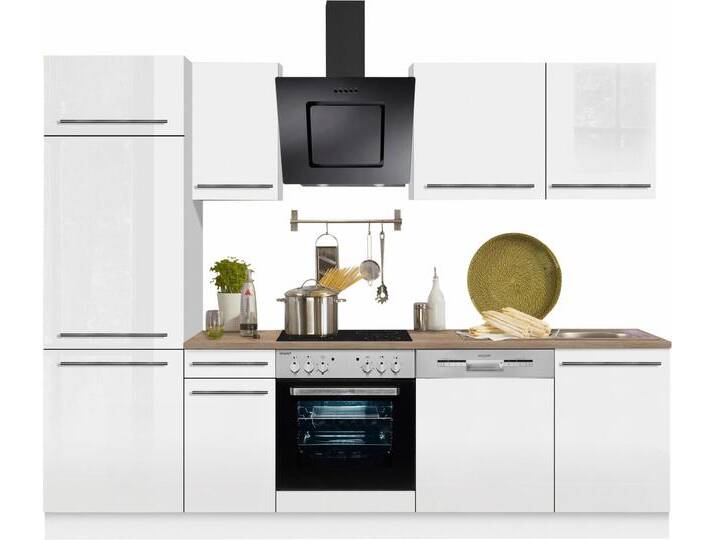 Küchenzeile OPTIFIT Bern , weiß (küche: weiß, front: weiß hochglanz, korpus: weiß, arbeitsplatte: eichefarben hell), B:270cm T:60cm, Komplettküchen-Sets, Breite 270 cm, gedämpfte Türen, wahlweise mit E-Geräten von OPTIFIT