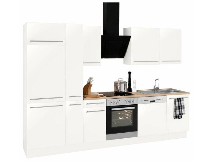 Küchenzeile OPTIFIT Bern , weiß (küche: weiß, front: weiß hochglanz, korpus: weiß, arbeitsplatte: eichefarben hell), B:300cm T:60cm, Komplettküchen-Sets, Breite 300 cm, wahlweise mit E-Geräten, höhenverstellbare Füße von OPTIFIT