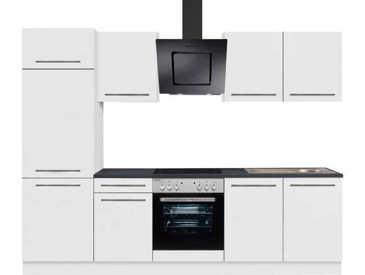 Küchenzeile OPTIFIT Bern , weiß (küche: weiß, front: weiß hochglanz, korpus: weiß, arbeitsplatte: anthrazit), B:270cm T:60cm, Komplettküchen-Sets, Breite 270 cm, gedämpfte Türen, wahlweise mit E-Geräten von OPTIFIT