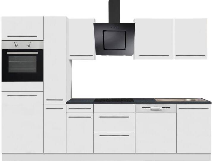 Küchenzeile OPTIFIT Bern , weiß (küche: weiß, front: weiß hochglanz, korpus: weiß, arbeitsplatte: anthrazit), B:300cm T:60cm, Komplettküchen-Sets, Breite 300 cm, höhenverstellbare Füße, wahlweise mit E-Geräten von OPTIFIT
