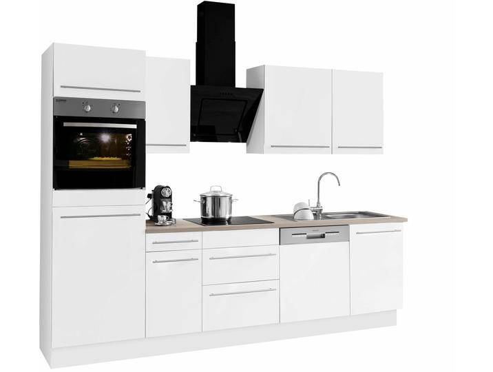 Küchenzeile OPTIFIT Bern , weiß (küche: weiß, front: weiß hochglanz, korpus: weiß, arbeitsplatte: eichefarben hell), B:270cm T:60cm, Komplettküchen-Sets, Breite 270 cm, wahlweise mit E-Geräten von OPTIFIT