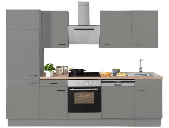 Küchenzeile OPTIFIT Elga , grau (front: basaltgrau, korpus: eichefarben, arbeitsplatte: eichefarben hell), B:280cm T:60cm, Komplettküchen-Sets, Premium-Küche mit Soft-Close-Funktion, Vollauszug, Breite 280 cm von OPTIFIT