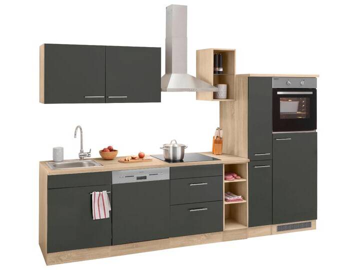 Küchenzeile OPTIFIT Kalmar , grau (front: anthrazit, korpus: eichefarben hell, arbeitsplatte: eichefarben hell), B:300cm T:60cm, Komplettküchen-Sets, Breite 300 cm, wahlweise mit E-Geräten, mit Arbeitsplatte von OPTIFIT