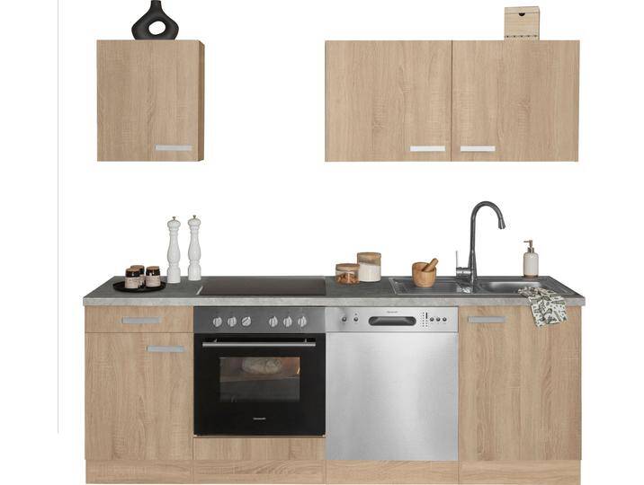 Küchenzeile OPTIFIT Leer Breite 210 cm , beige (front: eiche hell, korpus: eiche hell, arbeitsplatte: specksteinfarben), B:210cm T:60cm, Komplettküchen-Sets, Küchenzeile, Breite 210 cm, mit Hanseatic-E-Geräten von OPTIFIT