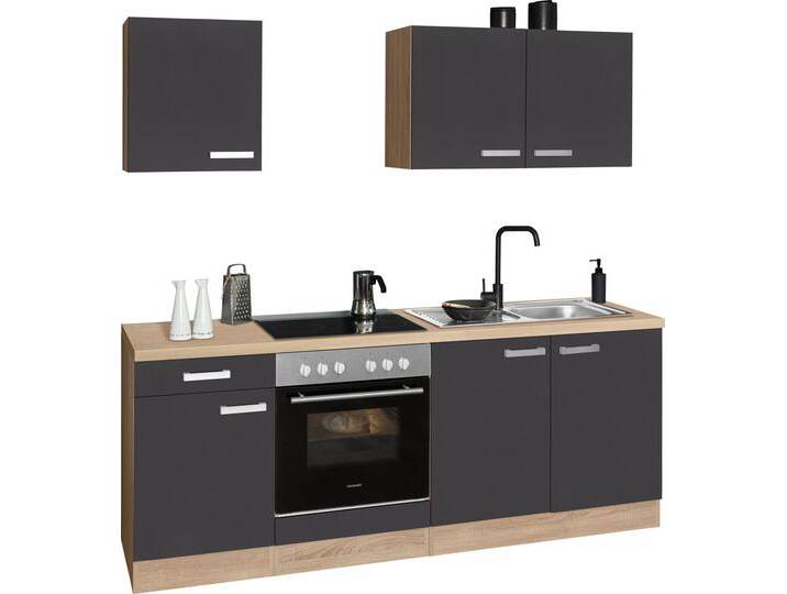 Küchenzeile OPTIFIT Leer Breite 210 cm , grau (front: anthrazit, korpus: eiche hell, arbeitsplatte: eiche hell), B:210cm T:60cm, Komplettküchen-Sets, Küchenzeile, Breite 210 cm, mit Hanseatic-E-Geräten, Topseller von OPTIFIT