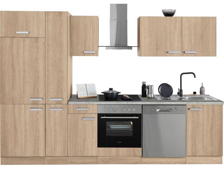 Küchenzeile OPTIFIT Leer Breite 300 cm , beige (küche: natur, front: eiche hell, korpus: eiche hell, arbeitsplatte: marmor grau), B:300cm H:206,8cm T:60cm, Komplettküchen-Sets, Küchenzeile, mit Hanseatic E-Geräten, inkl. Kühlschrank von OPTIFIT