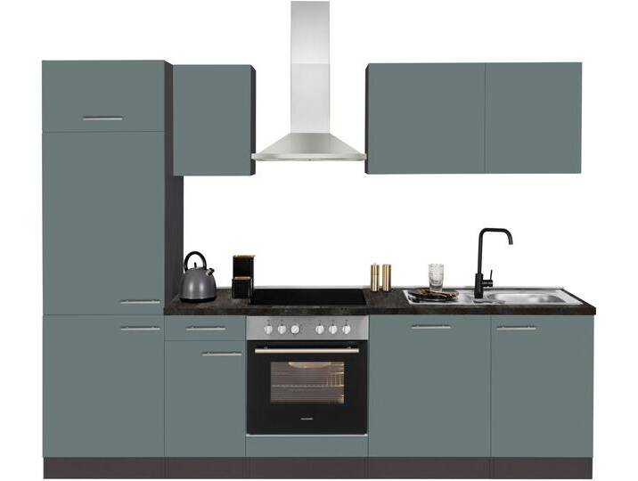 Küchenzeile OPTIFIT Malika , grün (front: steingrün, korpus: anthrazit, arbeitsplatte: schwarz stone), B:270cm H:206,8cm T:60cm, Komplettküchen-Sets, Breite 270 cm, mit Hanseatic-E-Geräten von OPTIFIT