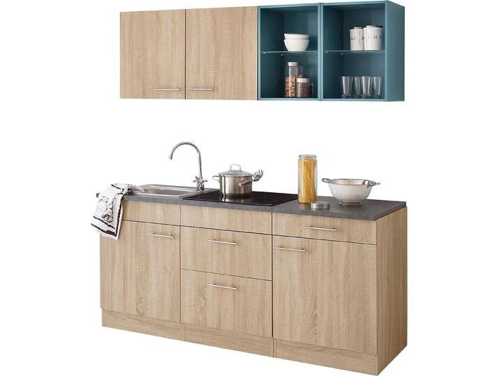 Küchenzeile OPTIFIT Mini , braun (küche: natur, korpus: eichefarben, arbeitsplatte: anthrazit), B:180cm H:85cm T:60cm, Komplettküchen-Sets, Breite 180 cm, mit Glaskeramik-Kochfeld, mit Arbeitsplatte von OPTIFIT