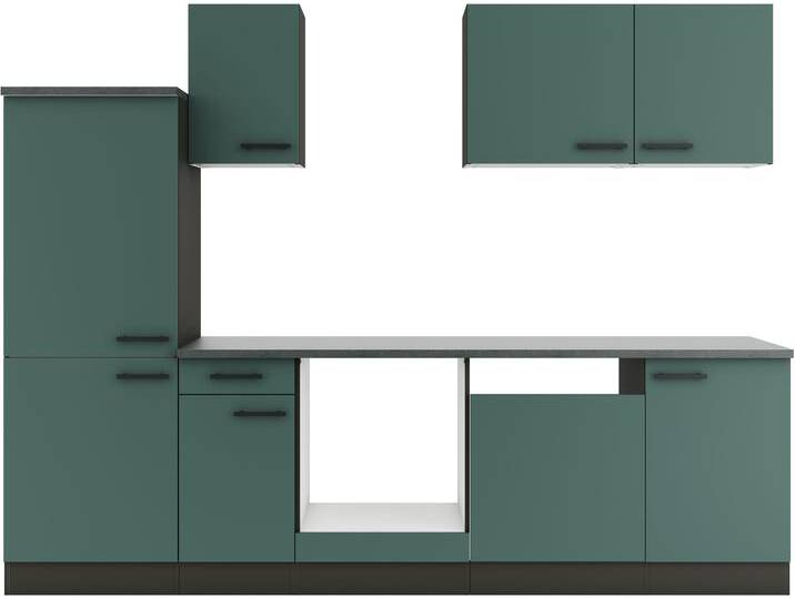 Küchenzeile OPTIFIT Palma , grün (front: steingrün, korpus: anthrazit, arbeitsplatte: anthrazit), B:270cm T:60cm, Komplettküchen-Sets, Breite 270 cm, wahlweise mit E-Geräten, seitenverkehrt stellbar von OPTIFIT