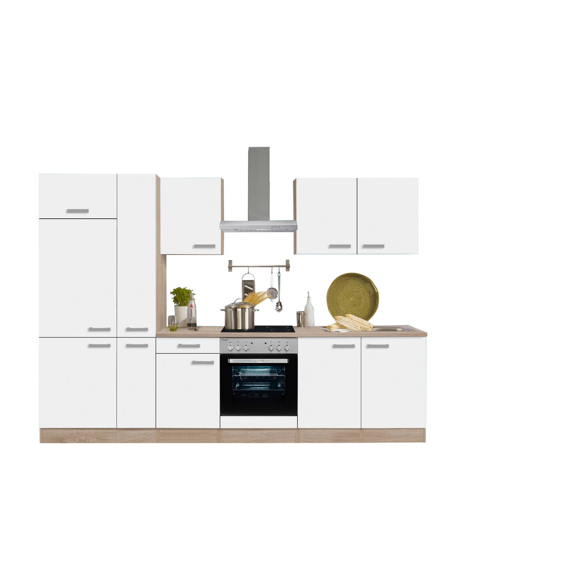 OPTIFIT Küchenzeile mit E-Geräten 'OPTIkompakt Zamora' weiß/eichefarben 300 cm von OPTIFIT