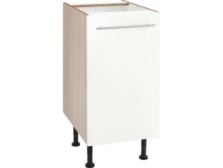 Unterschrank OPTIFIT Bern , weiß (weiß hochglanz, akaziefarben), B:40cm H:87cm T:58,4cm, Schränke, 40 cm breit, mit 1 Tür mit höhenverstellbaren Füßen, mit Metallgriff von OPTIFIT