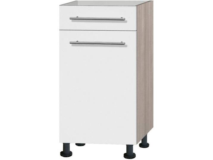 Unterschrank OPTIFIT Bern , weiß (weiß hochglanz, akaziefarben), B:40cm H:87cm T:58,4cm, Schränke, 40 cm breit, mit Tür und Schubkasten, mit höhenverstellbaren Füßen von OPTIFIT