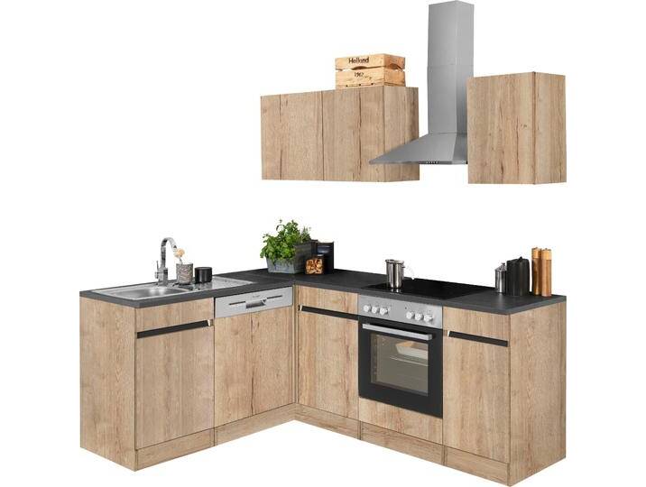 Winkelküche OPTIFIT Roth , beige (front: wildeichefarben, korpus: wildeichefarben, arbeitsplatte: anthrazit), B:210cm T:60cm, Komplettküchen-Sets, L-Küche, Stellmaße 210x175 cm,wahlweise mit E-Geräten, Push-to-Open-Funktion von OPTIFIT
