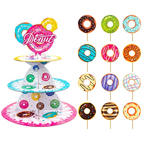 OPUHOHR 3 Etagen Donut Cupcake Ständer, Pappe Cupcake Ständer Halter mit 12 Stück Donut Tortenaufsatz, Donut Party Dekorationen für Kinder, Käseplatte Etagere für Kuchen Brötchen Party Hochzeit von OPUHOHR