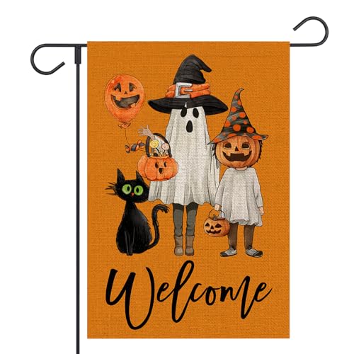 OPULANE Welcome Halloween Trick or Treat Gartenflagge 30,5 x 45,7 cm doppelseitig Kinder Geist Jack O Laterne Katze Urlaub Hof Outdoor dekorative Flagge (Orange) von OPULANE