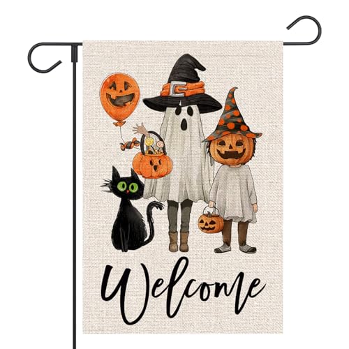 OPULANE Welcome Halloween Trick or Treat Gartenflagge 30,5 x 45,7 cm doppelseitig Kinder Geist Jack O Laterne Katze Urlaub Hof Outdoor dekorative Flagge von OPULANE
