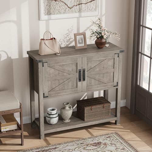 Konsolentisch mit 2 Schiebetüren – Eingangstisch 80 cm im Landhausstil – Sideboard Aufbewahrung für schmale Flur + Tablett für Kaffeebar, grau Konsolentisch mit 2 Schiebetüren – Eingangstisch 80 cm im Landhausstil – Sideboard Aufbewahrung für schmale Flur + Tablett für Kaffeebar, grau von OPULENTHOME