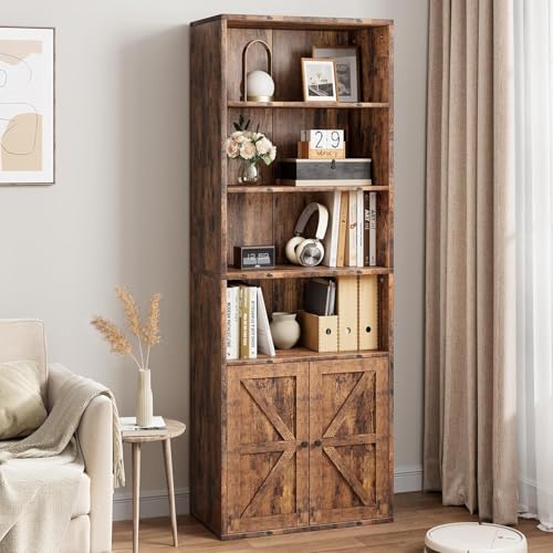 OPULENTHOME Bücherregal mit Türen, Industrielles Bücherregal mit 4 Offenen Regalen, 6-stufige Hölzerne Regale zur Aufbewahrung mit Kippsicherung für Schlafzimmer, Wohnzimmer, Braun, 60x30x180cm von OPULENTHOME