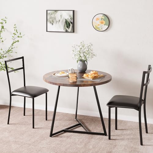 OPULENTHOME Esstisch-Set, Küchentisch und Stühle für 2, Rundes Esszimmer-Tisch-Set mit 2 gepolsterten Stühlen, 3 Stück Küchentisch-Set für kleinen Raum, Wohnung, Studio, Braun von OPULENTHOME
